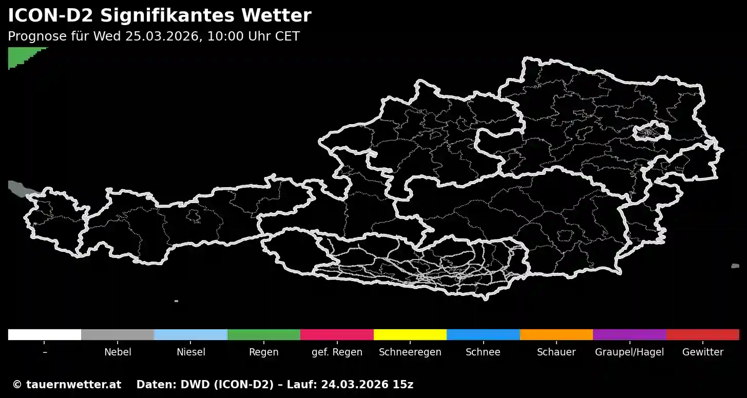 ICON-D2 Prognose des signifikanten Wetters – Animation der Wetterentwicklung von Mittwoch bis Donnerstag mit Kaltfront, Regen, Schnee und stürmischem Wind