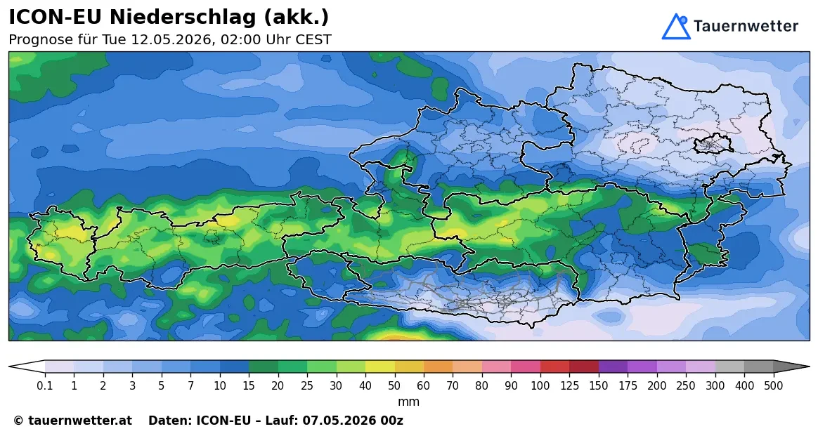 ICON-EU-Niederschlagsprognose für die kommenden 120 Stunden im Alpenraum