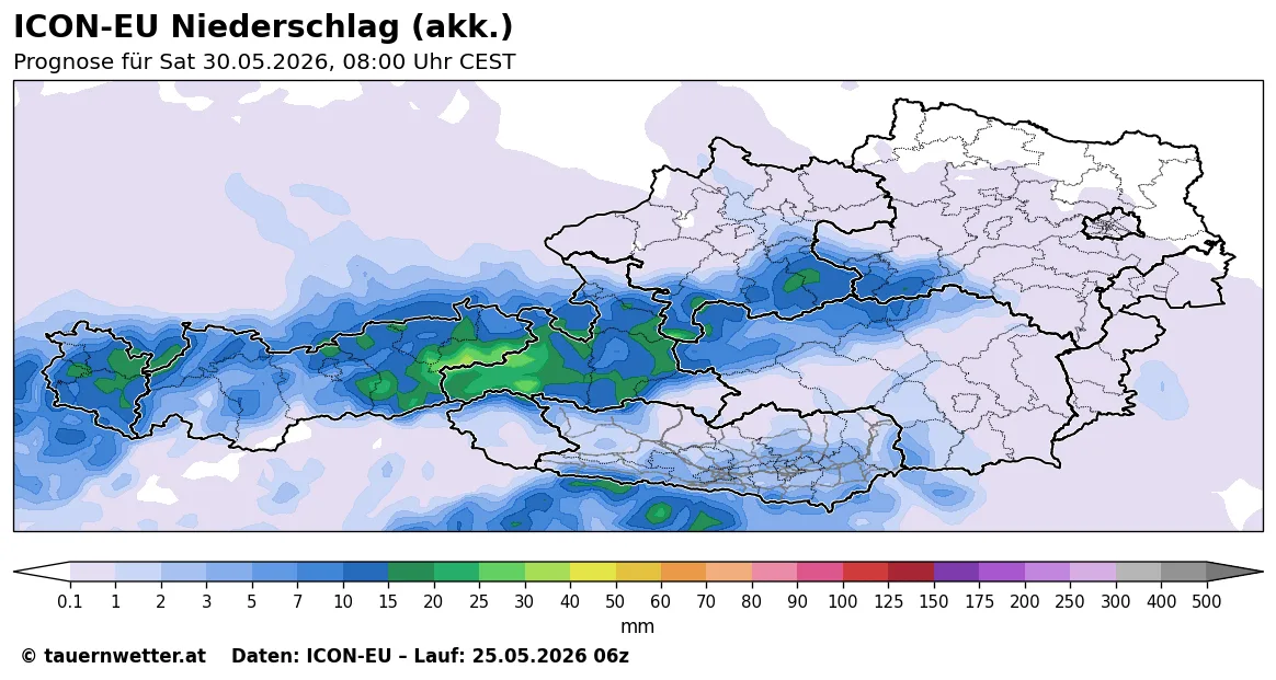 ICON-EU-Karte der akkumulierten Niederschlagsmenge in Österreich bis Samstag, 30. Mai 2026 um 8 Uhr MESZ – In den Landesteilen die von Gewittern verschont bleiben fällt diese Woche kaum Niederschlag.