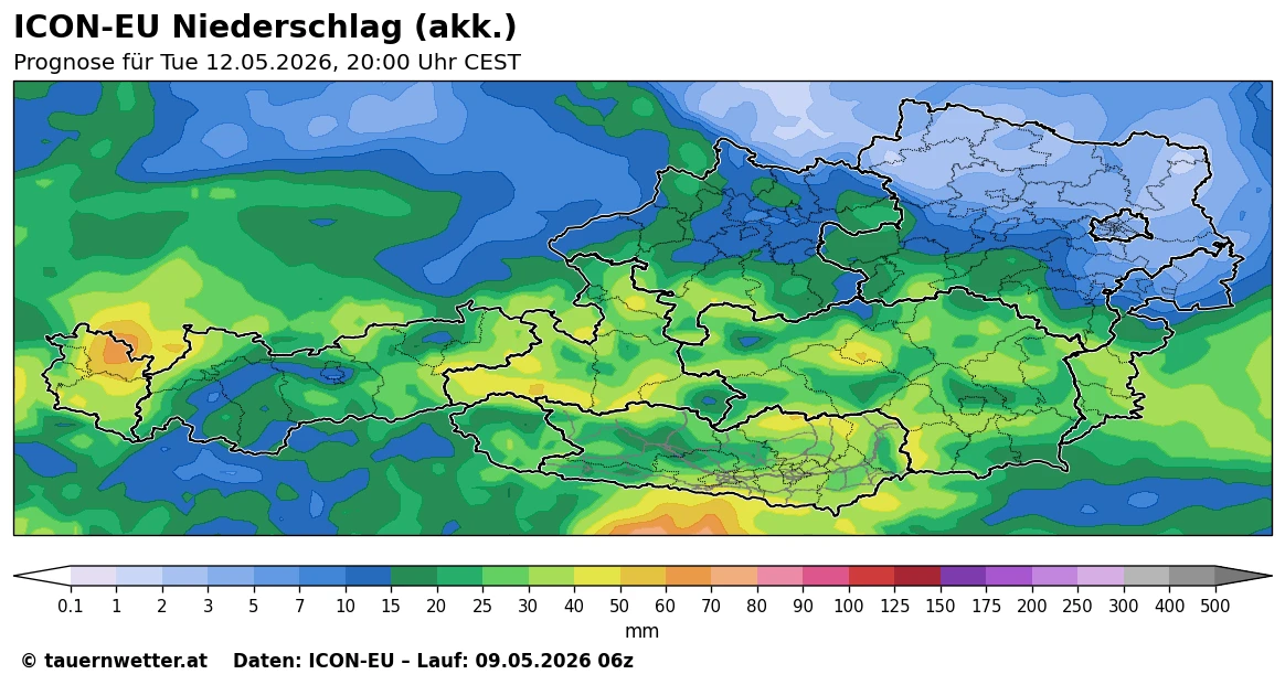 ICON-EU-Niederschlagsprognose für Kärnten und Osttirol bis Dienstagabend, 12. Mai 2026
