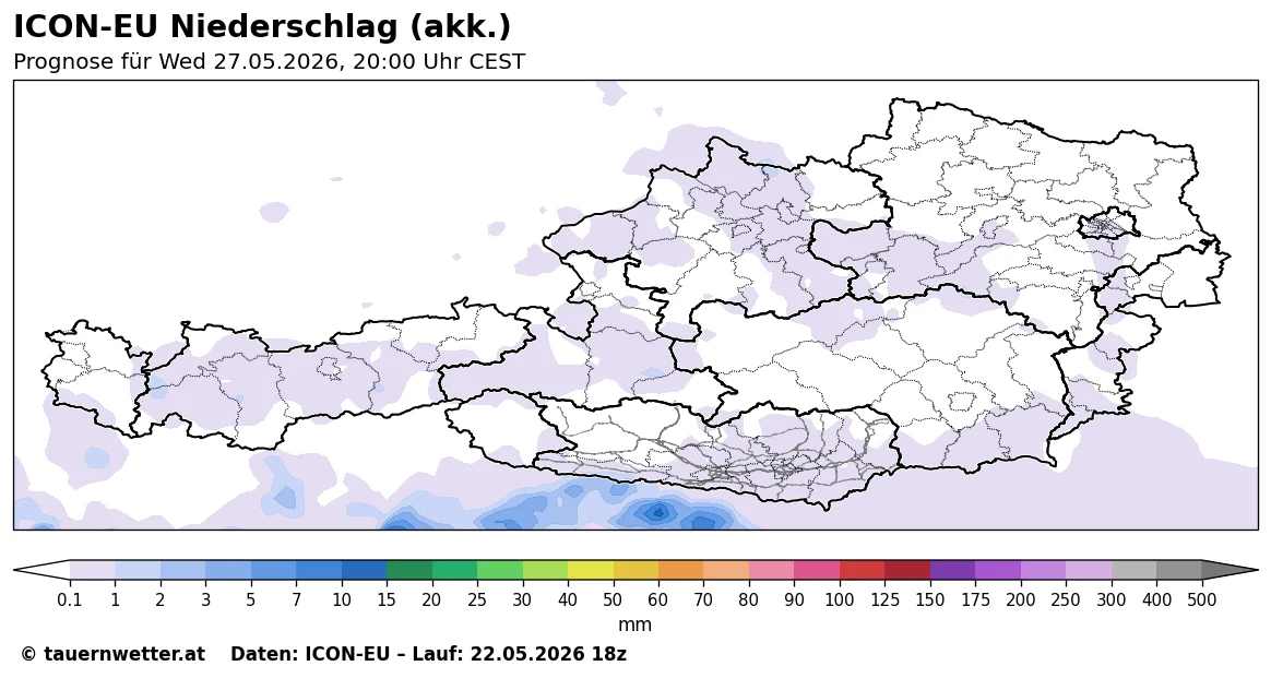 ICON-EU-Karte der akkumulierten Niederschlagsmenge in Österreich von Samstag, 23. Mai bis Mittwoch, 27. Mai 2026 – in Kärnten und Osttirol verbreitet kein Niederschlag.