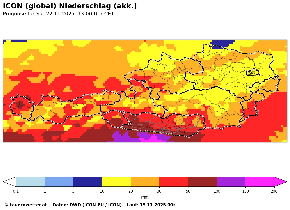 ICON-Modell: Akkumulierte Niederschlagsprognose für Samstag 22.11.2025