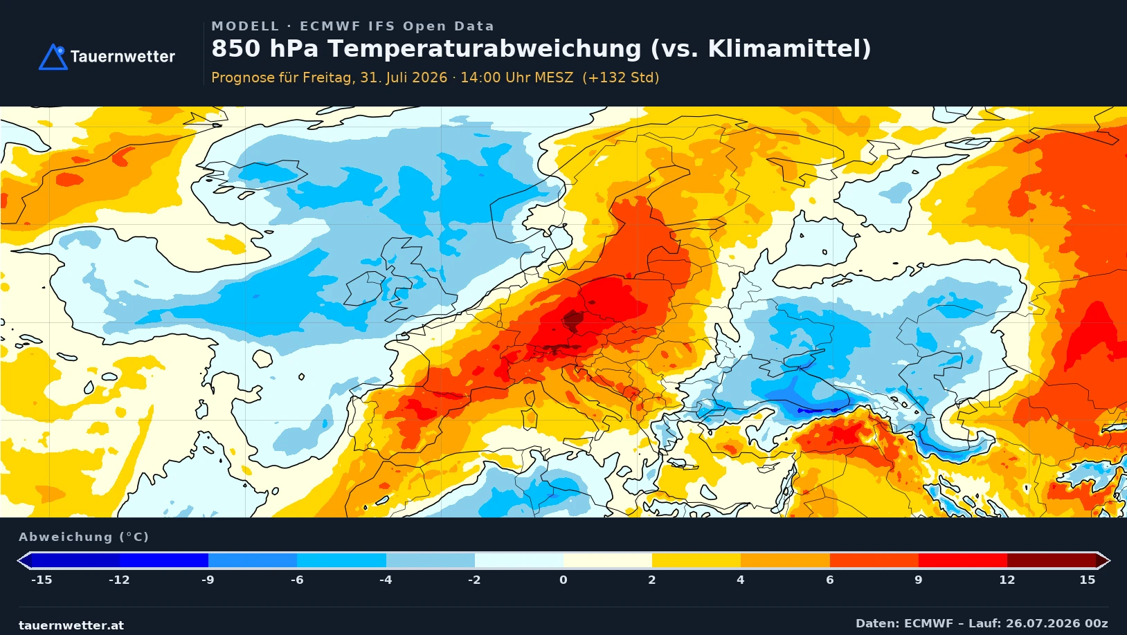 IFS-Karte der 850-hPa-Temperaturabweichung für Freitag, 31. Juli, mit ähnlichem Wärmekern über Mitteleuropa.