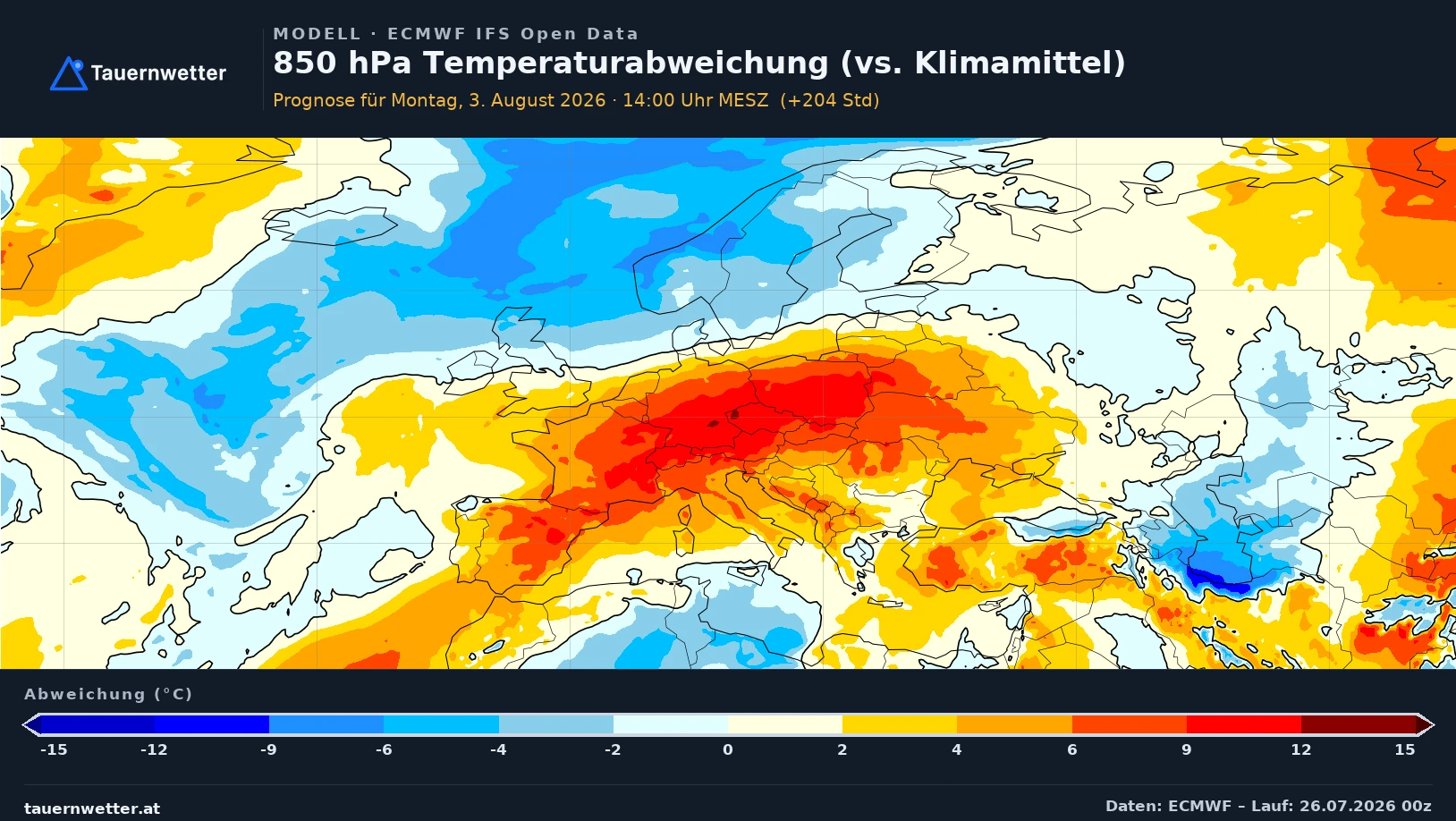 IFS-Karte der 850-hPa-Temperaturabweichung für Montag, 3. August, mit dem Wärmeschwerpunkt über dem Osten Mitteleuropas.