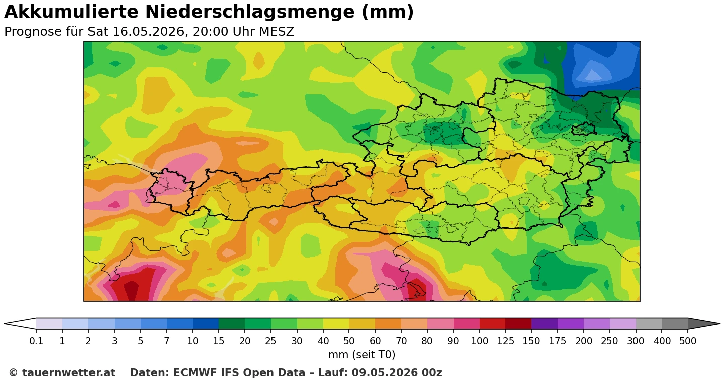ECMWF-IFS-Niederschlagsprognose für Österreich bis Samstag, 16. Mai 2026