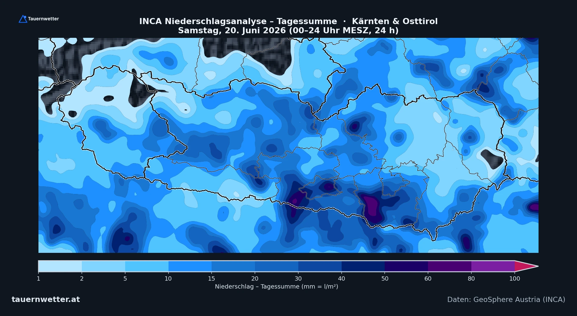 Niederschlagsanalyse für Samstag mit den hohen Regenmengen der Gewitter im Großraum Villach und südlich von Klagenfurt