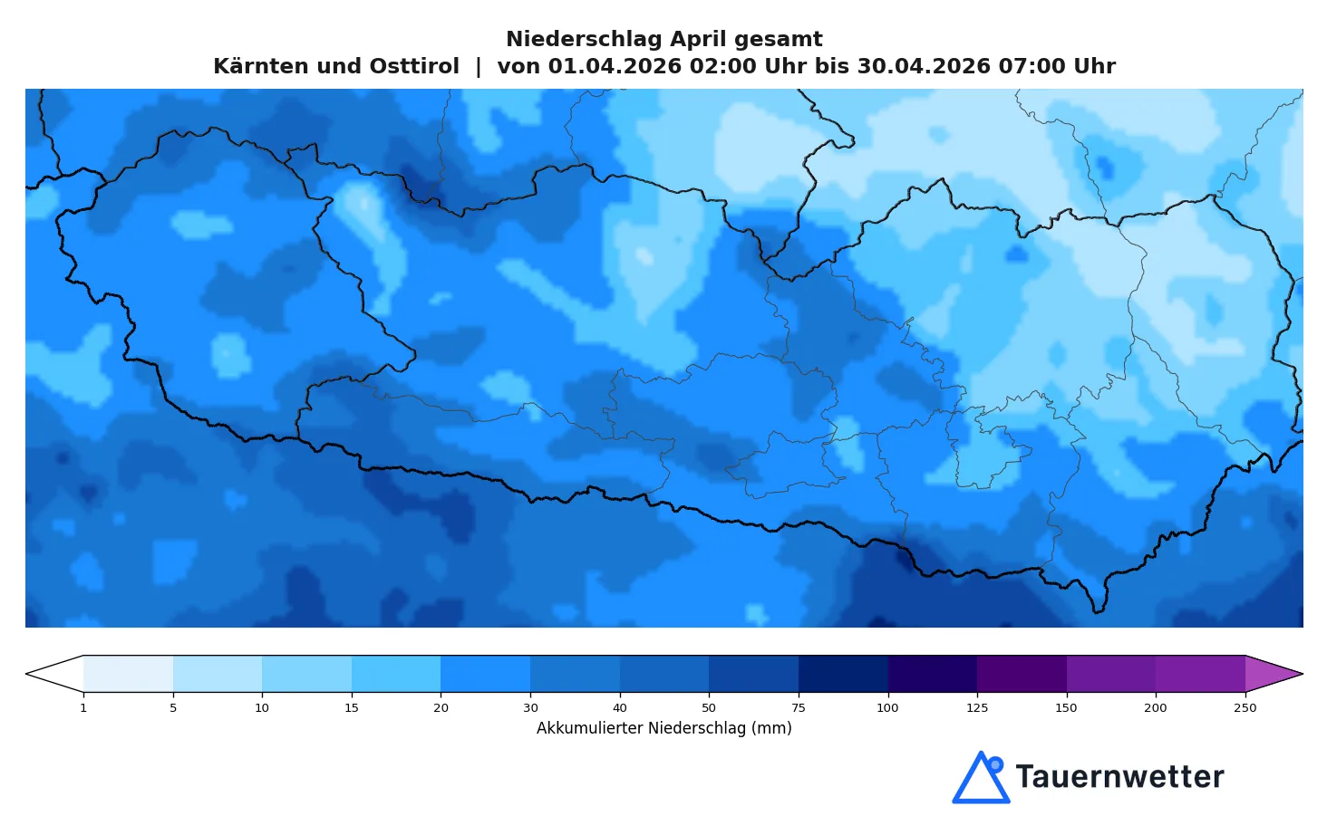 INCA-Niederschlagssumme für Kärnten im April 2026