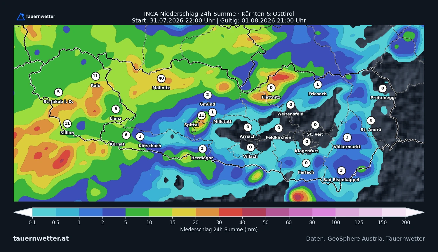 INCA-Analyse der 24-stündigen Niederschlagssumme für Kärnten und Osttirol bis 1. August 2026, 21 Uhr.