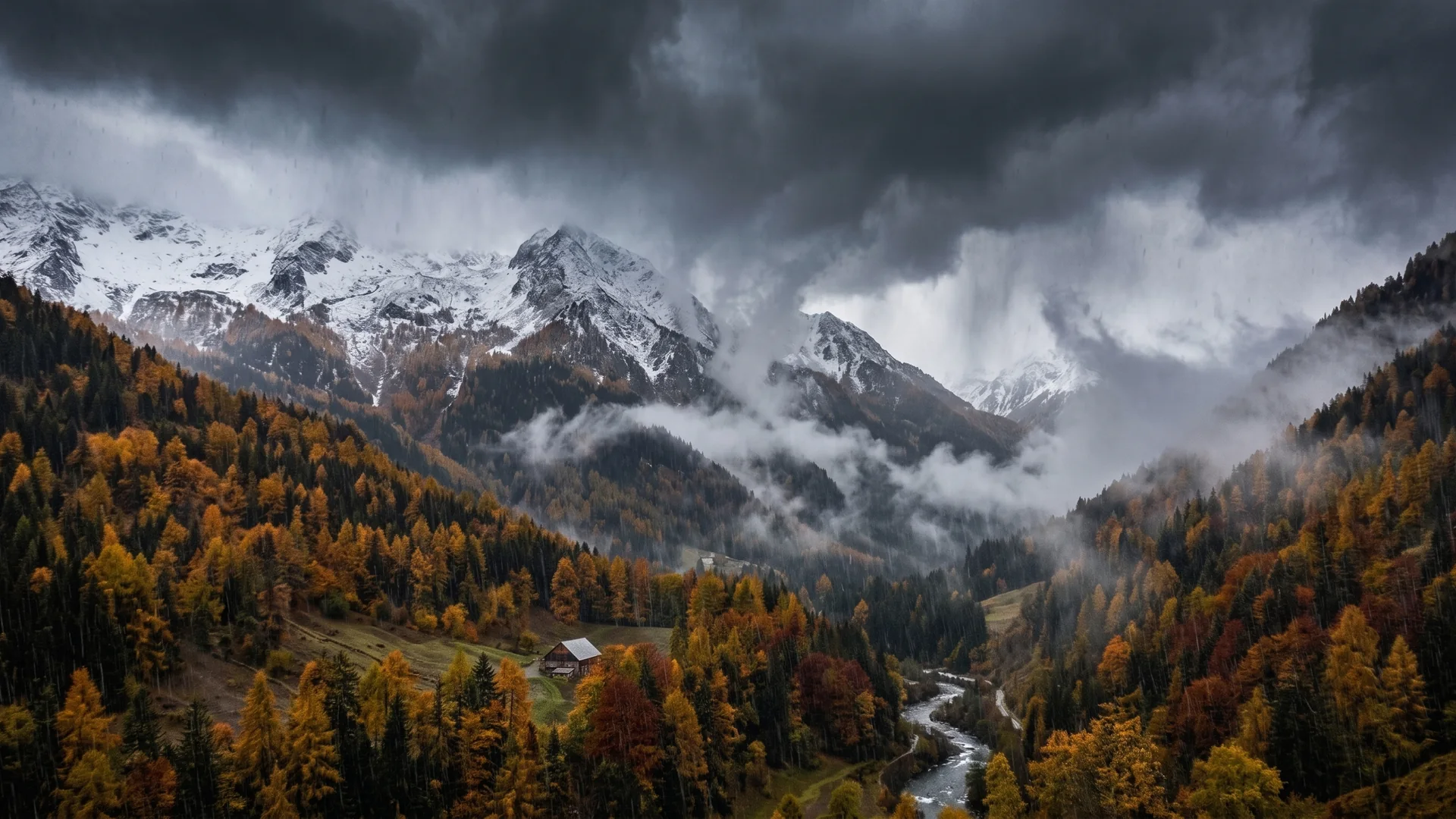 Dunkle Regenwolken über einem Alpental im Herbst: Die Lärchen an den Hängen leuchten gelb und orange, auf den Gipfeln im Hintergrund liegt frischer Schnee, Nebelschwaden ziehen durch das Tal, unten schlängelt sich ein Bach zwischen Wiesen und einer kleinen Hütte.