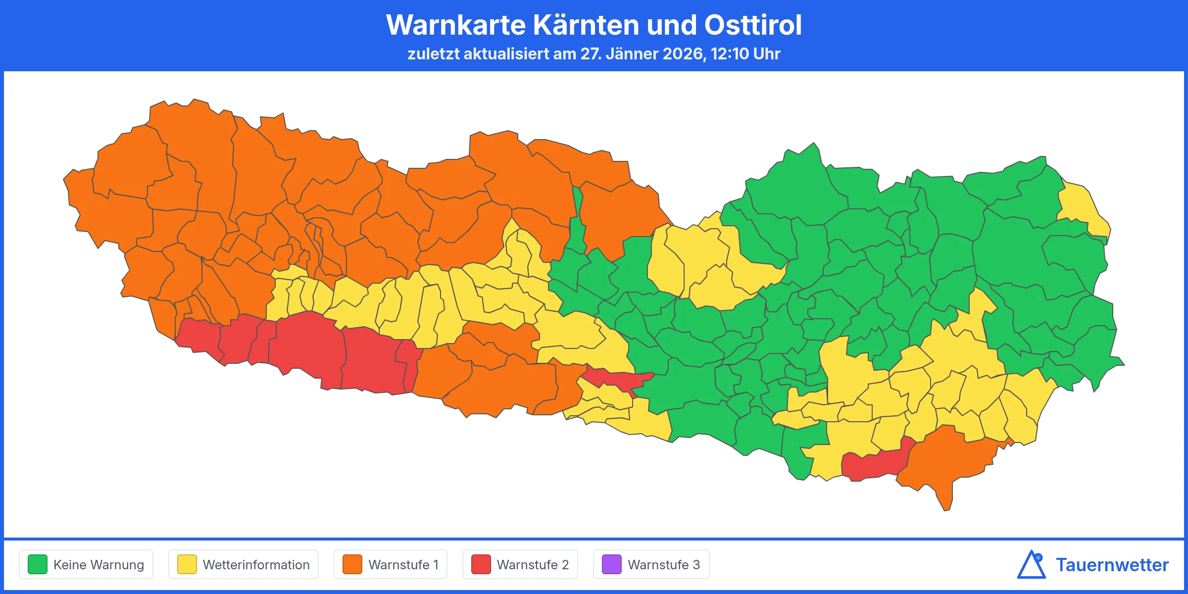 Warnkarte Kärnten und Osttirol mit Schnee- und Glatteiswarnungen für 28. und 29. Jänner 2026
