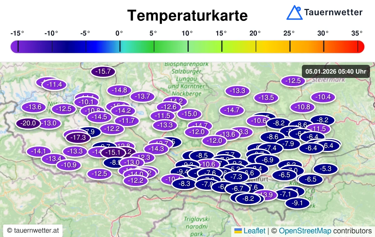 Temperaturkarte Kärnten und Osttirol – Tiefstwerte 5. Jänner 2026
