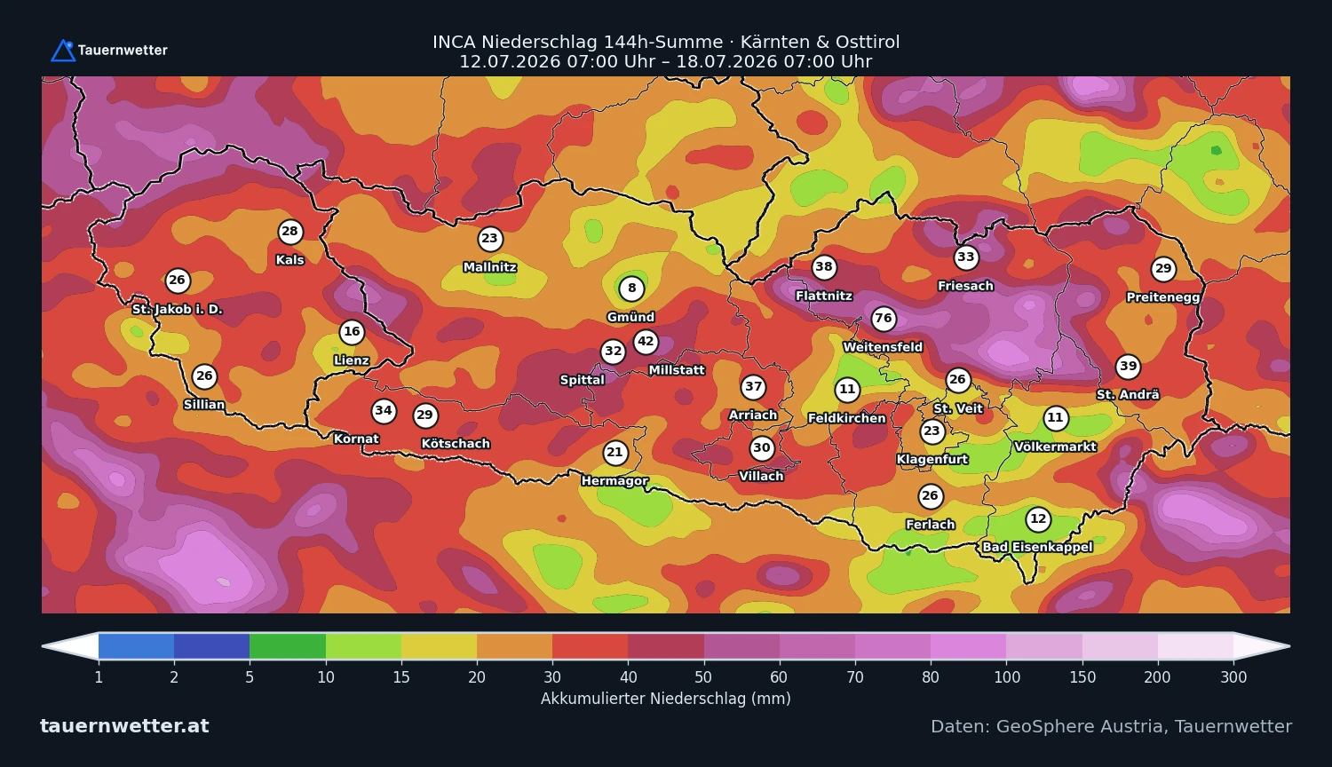Karte der Niederschlagssumme in Kärnten und Osttirol vom 12. bis 18. Juli 2026 mit sehr unterschiedlichen Regenmengen.