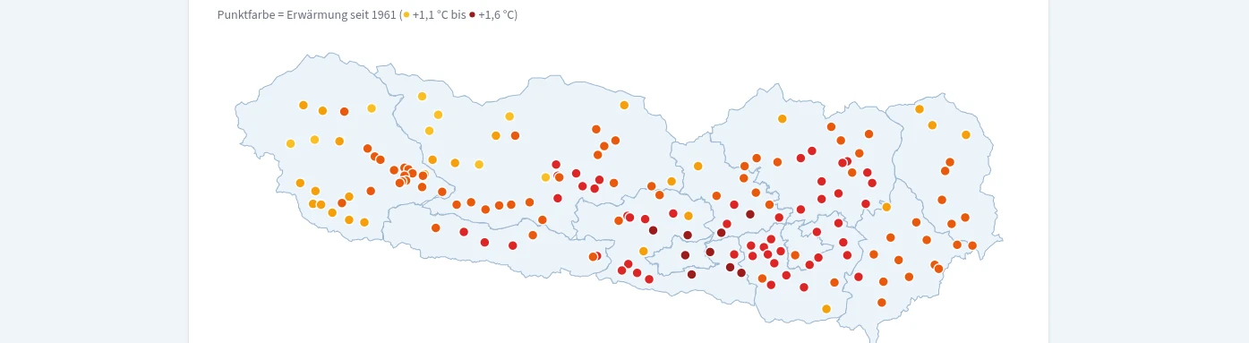 Übersichtskarte der 165 Gemeinden in Kärnten und Osttirol mit Erwärmung seit 1961