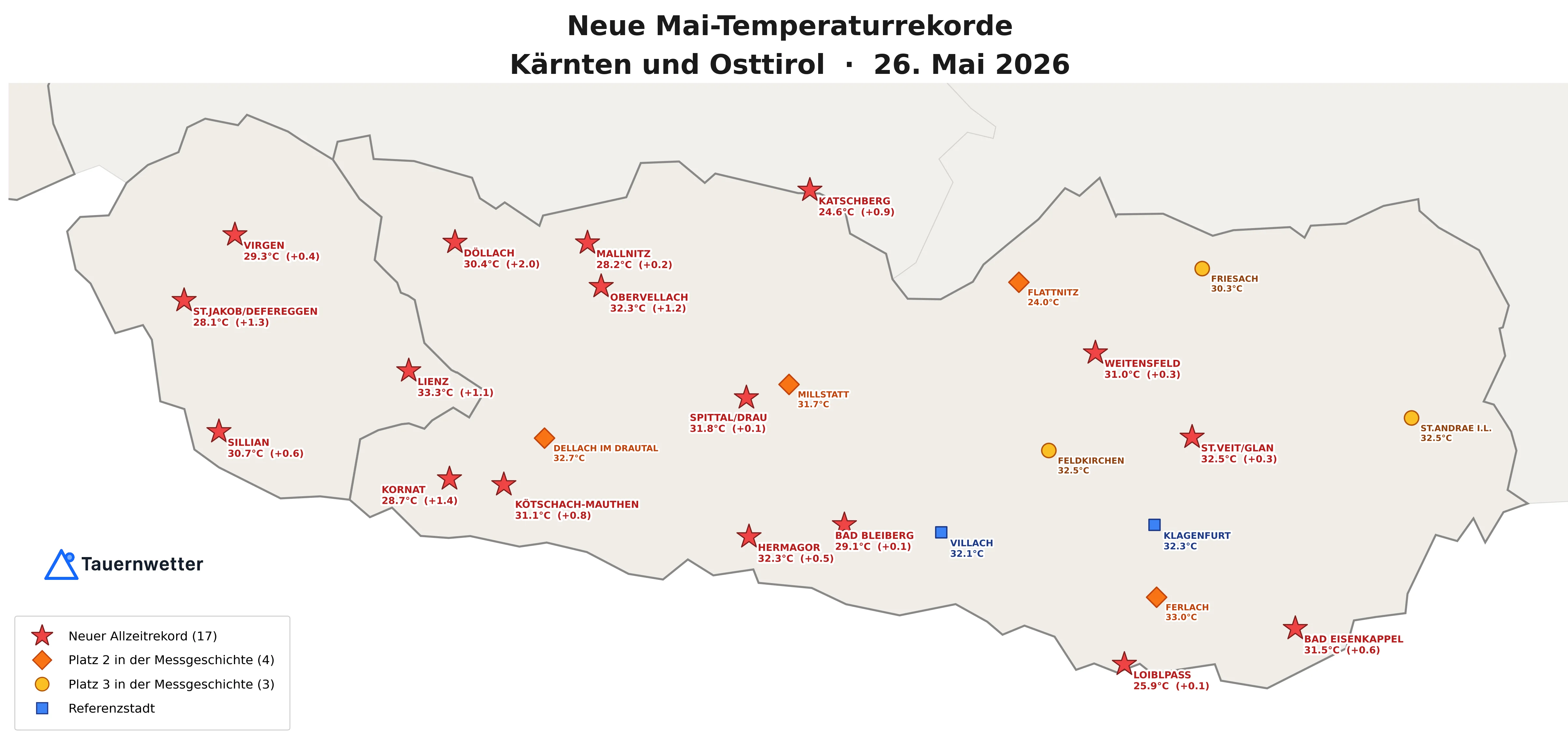Karte der neuen Mai-Allzeitrekorde an Wetterstationen in Kärnten und Osttirol am 26. Mai 2026.