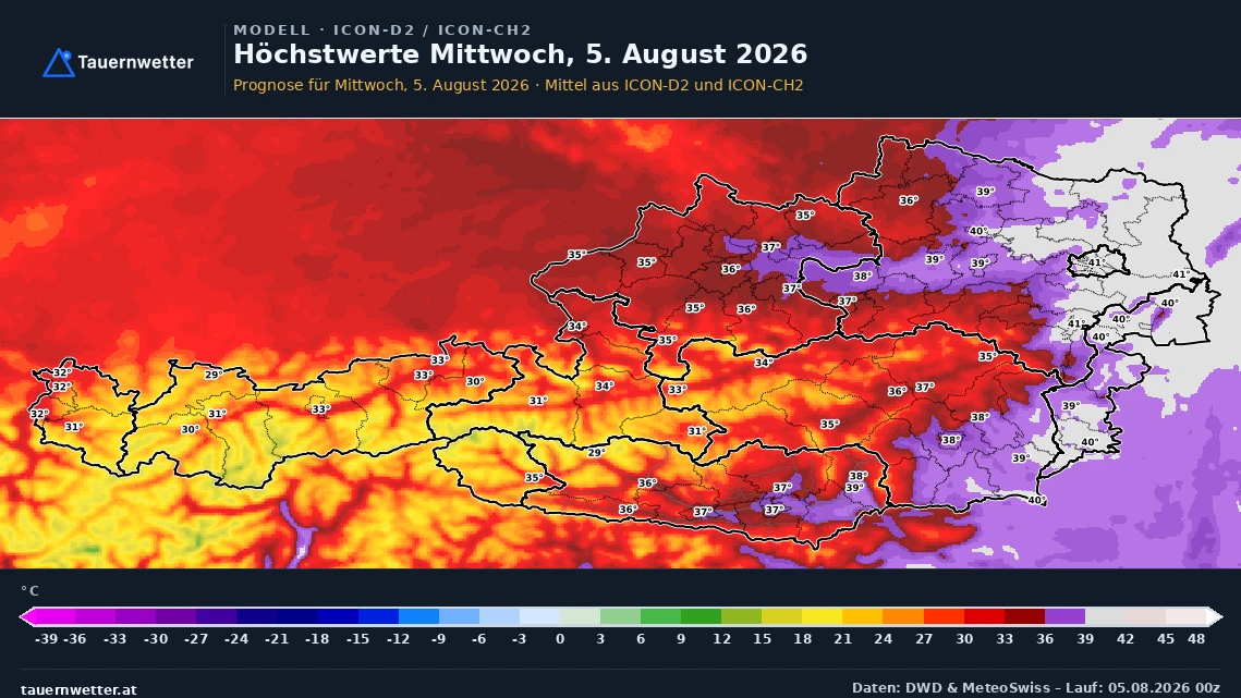 Prognosekarte der Höchstwerte in Österreich für Mittwoch, den 5. August 2026, mit bis zu 41 Grad im Osten.