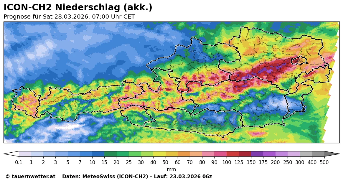 ICON-CH2 Niederschlagsprognose bis 28. März 2026 – Niederschlagsschwerpunkte entlang der Tauern, Karnischen Alpen und Karawanken