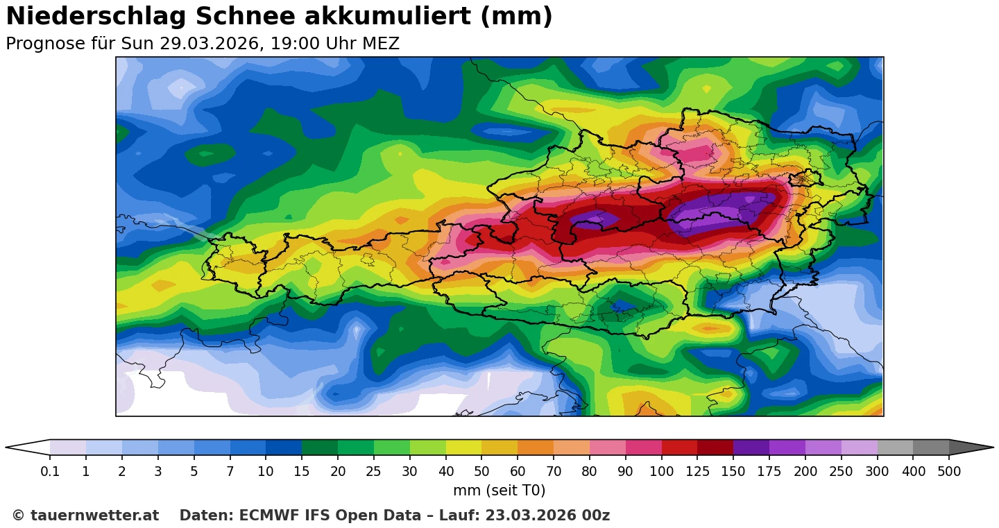 Niederschlagssumme (Niederschlagsform Schnee) – 1 mm Niederschlag entspricht bei Temperaturen unter 0 °C in etwa 1 cm Neuschnee. IFS, Quelle: ECMWF