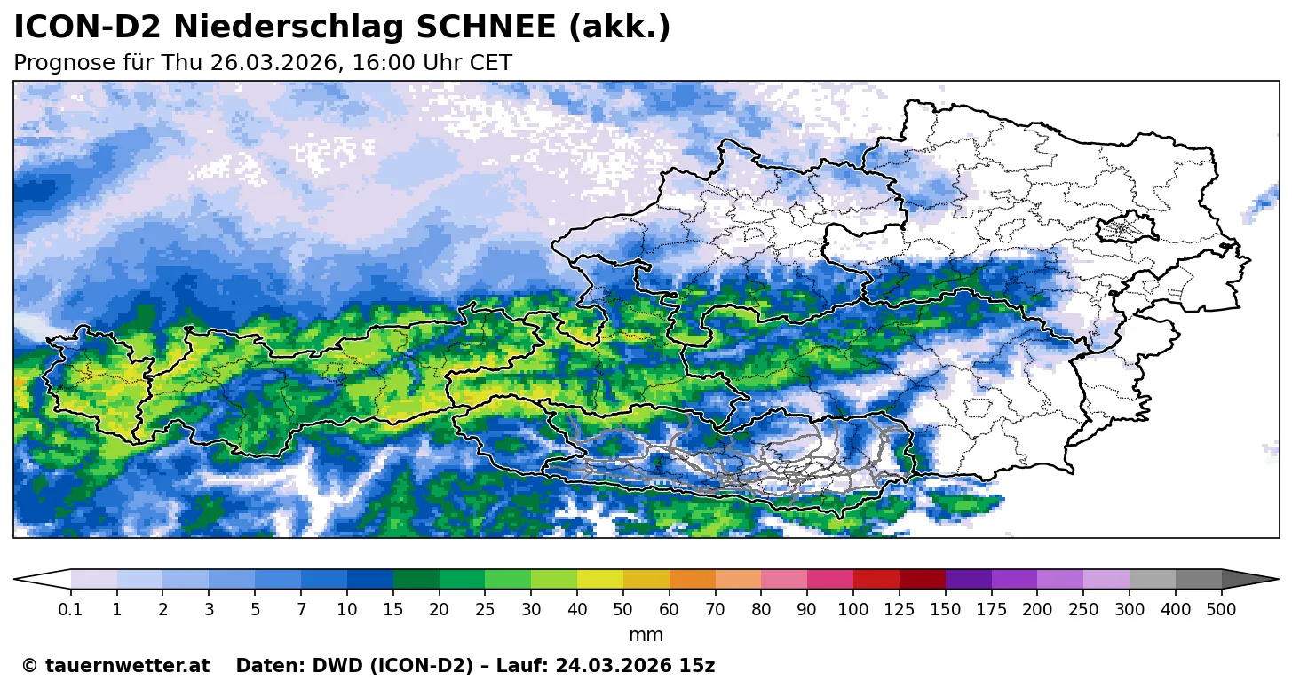 ICON-D2 Prognose des akkumulierten Schneeniederschlags bis Donnerstag, 7 Uhr – entlang der Hohen Tauern sind größere Schneemengen zu erwarten
