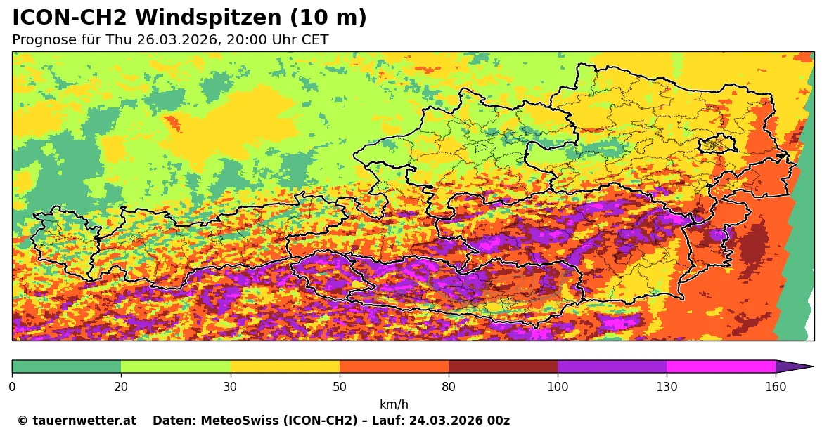 ICON-CH2 Prognose der Windspitzen in 10 Meter Höhe für Donnerstag, 20 Uhr: Entlang des Tauernhauptkammes sind Orkanböen über 140 km/h möglich