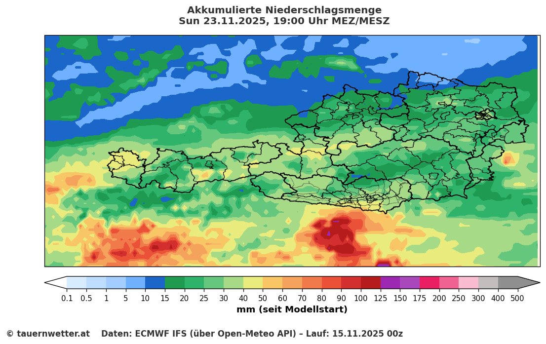 Prognostizierte Zugbahn des Italientiefs nach IFS-Modell ECMWF