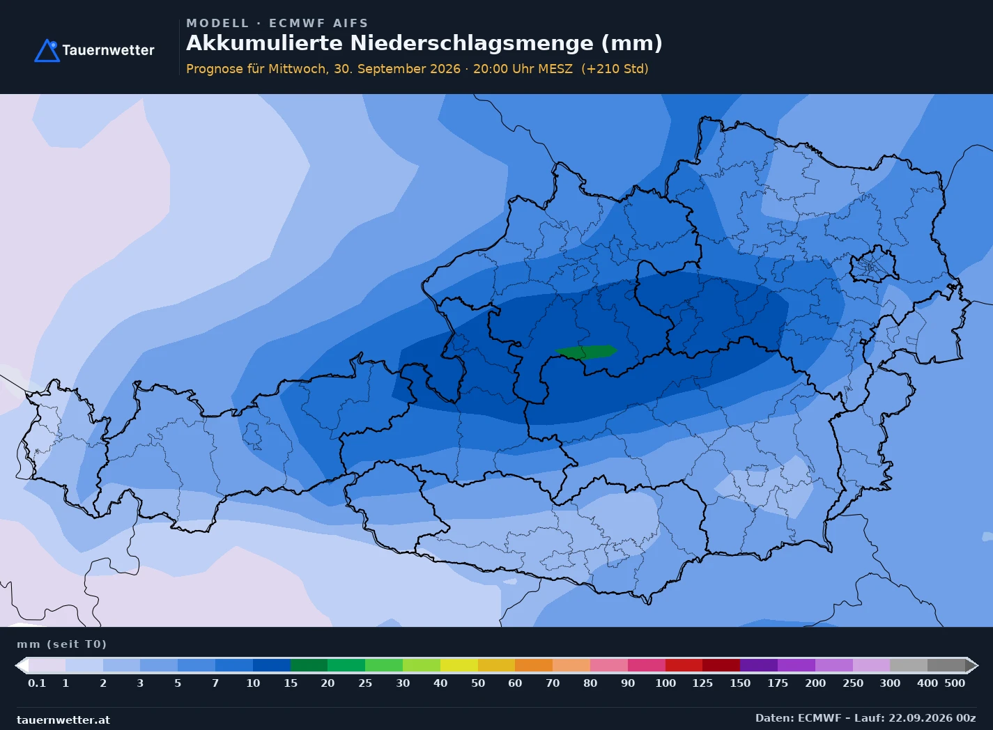Karte Mitteleuropas mit der vom KI-Modell AIFS berechneten akkumulierten Niederschlagsmenge bis 30. September 2026: Österreich fast durchgehend in hellen Farbtönen mit 1 bis 10 Litern pro Quadratmeter, ein schmaler grüner Streifen mit 7 bis 15 Litern entlang der Nordalpen von Salzburg über Oberösterreich bis in die Steiermark, Kärnten, Osttirol und der Osten nahezu niederschlagsfrei.