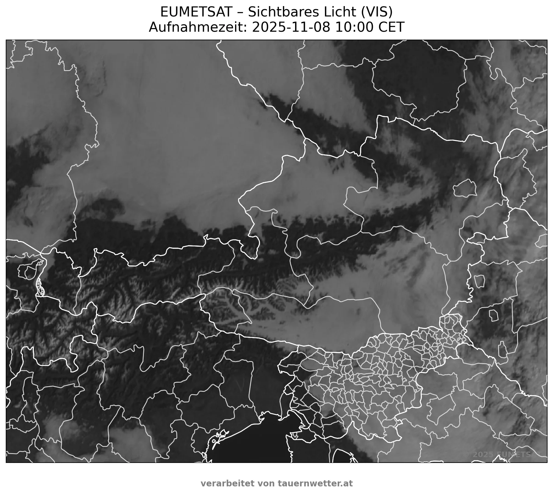 Satellitenbild im sichtbaren Spektrum zeigt Nebelfelder in den Tälern von Kärnten - Klagenfurt, Villach und Drautal besonders betroffen