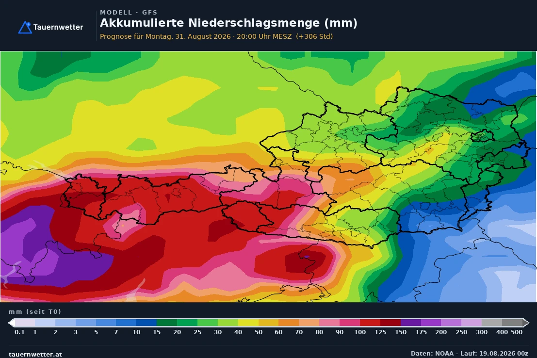 Karte der aufsummierten Niederschlagsmenge bis Ende August 2026: im Westen und Südwesten Österreichs stellenweise über 100 Liter pro Quadratmeter, im Osten und Südosten deutlich weniger.