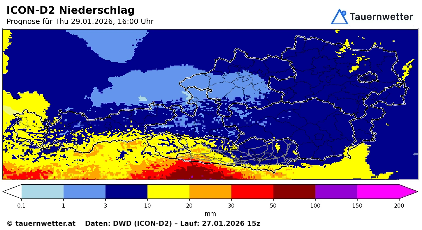 48-Stunden-Niederschlagsprognose für Klagenfurt, Villach, Kötschach-Mauthen und Mallnitz