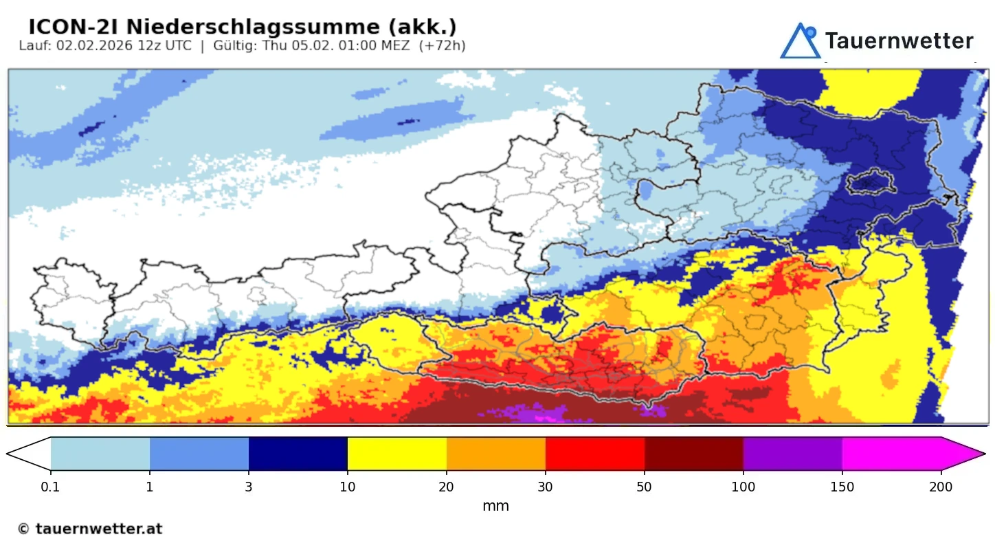 72-Stunden-Niederschlagsprognose für Kärnten und Osttirol vom 2. Februar 2026