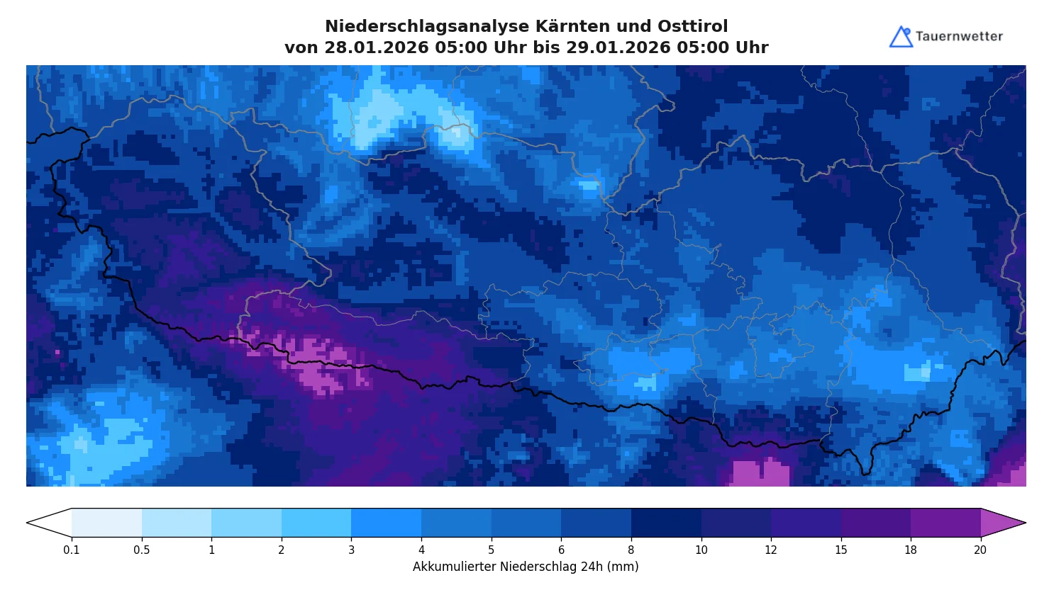 Niederschlagsanalyse der letzten 24 Stunden für Kärnten und Osttirol, Stand 29. Jänner 2026