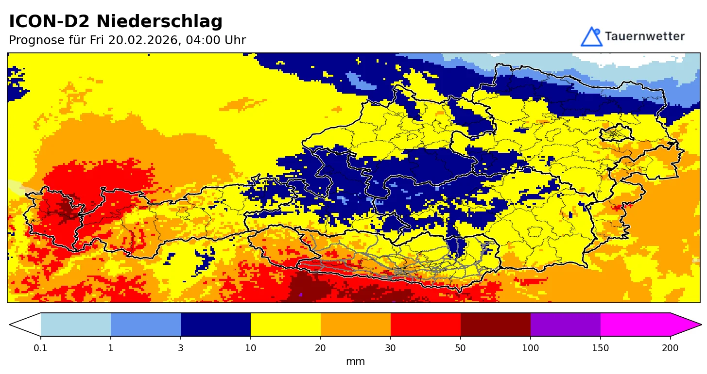 Erwartete Niederschlagssummen bis Freitagfrüh, 20. Februar 2026 – Modellkarte für Kärnten und Osttirol