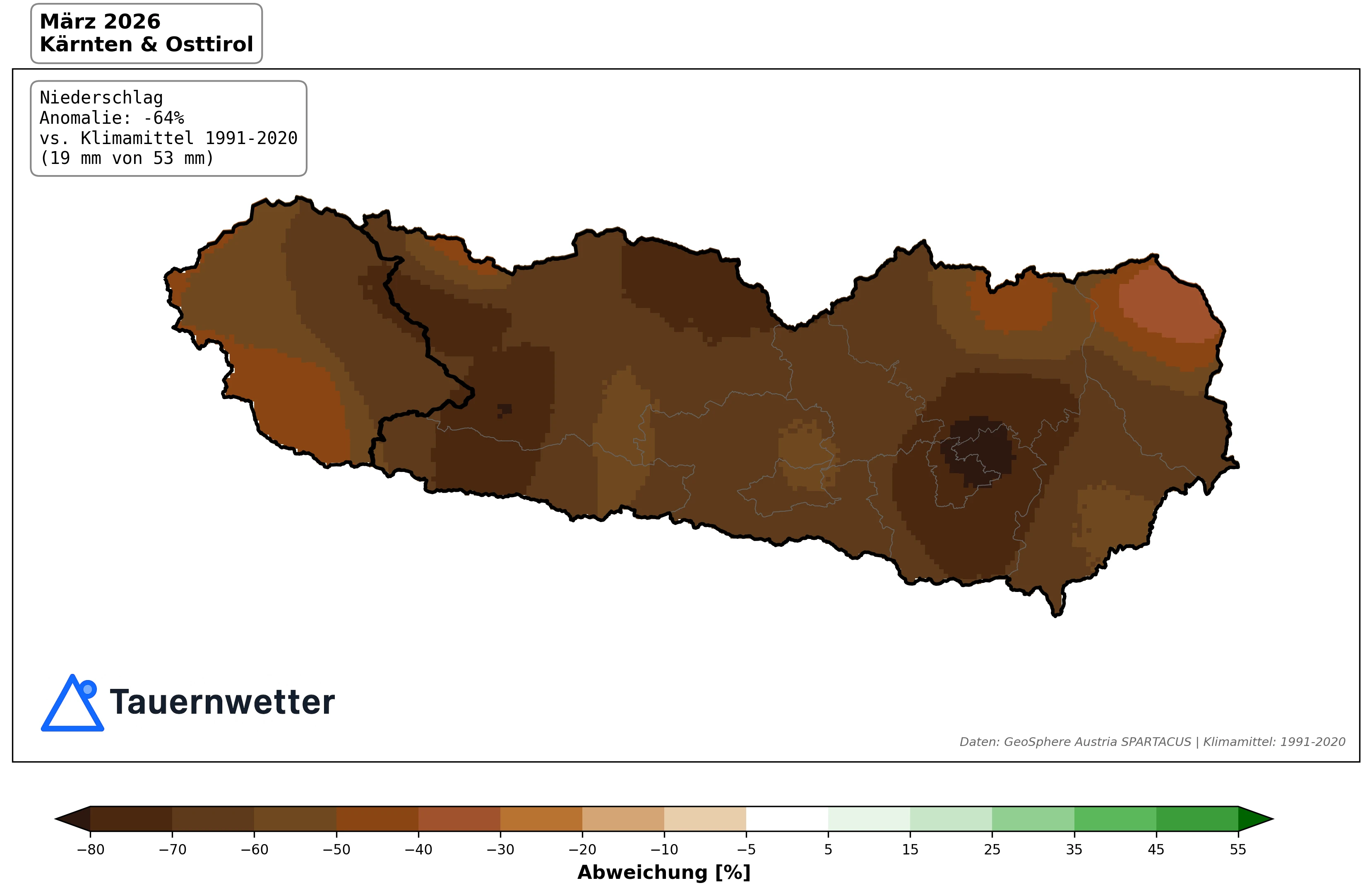 Niederschlagsabweichung März 2026 in Kärnten und Osttirol gegenüber dem Klimamittel 1991–2020. Daten: GeoSphere Austria SPARTACUS.