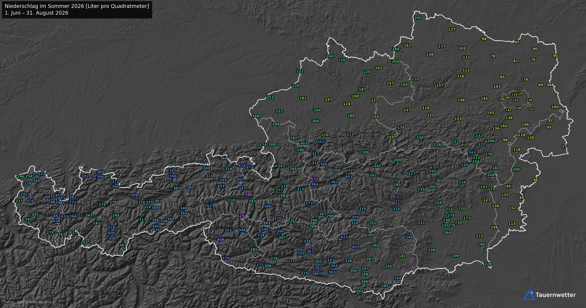 Karte Österreichs mit der Niederschlagssumme des Sommers 2026 an allen Wetterstationen in Liter pro Quadratmeter.