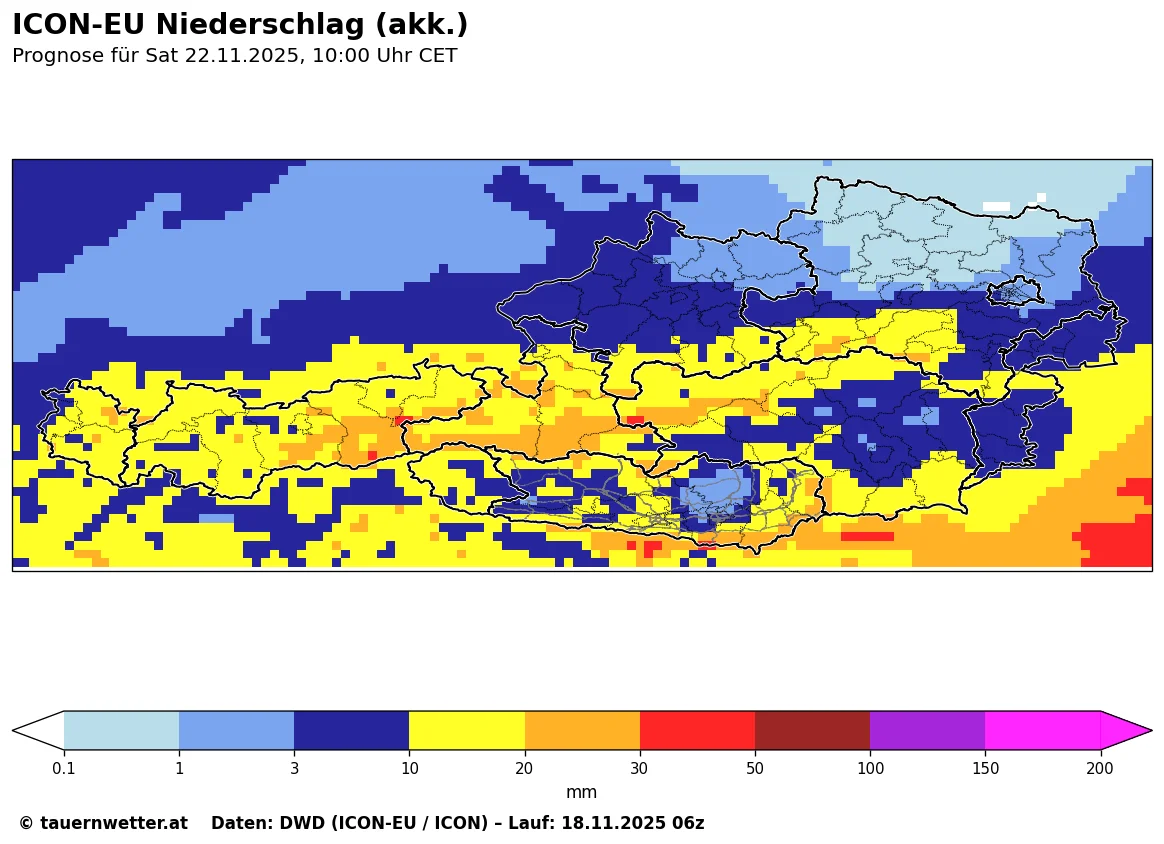 Akkumulierter Niederschlag Donnerstag bis Samstag - ICON Modell
