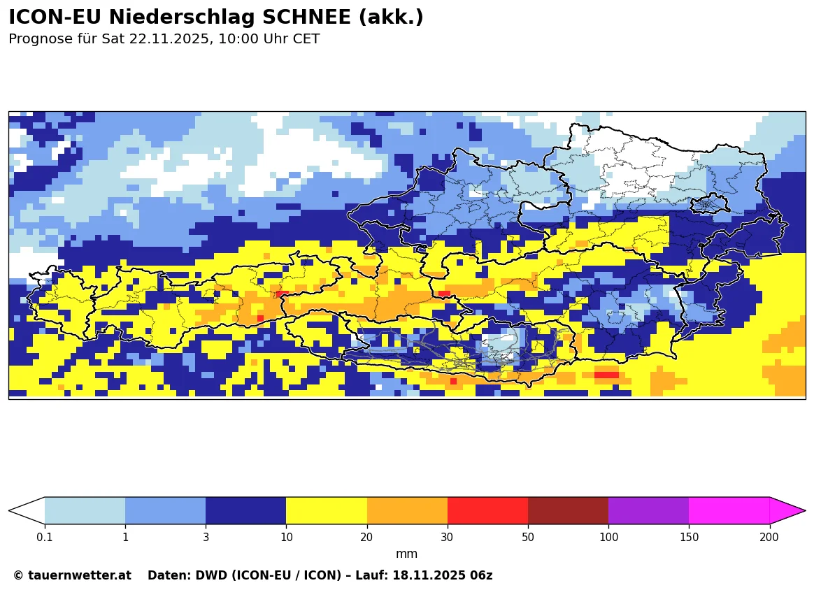 Akkumulierter Schneefall Donnerstag bis Samstag - ICON Modell