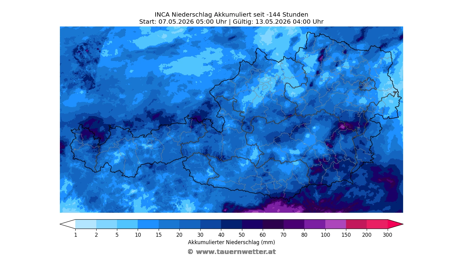 Akkumulierter Niederschlag der letzten sieben Tage in Kärnten und Osttirol vom 7. bis 13. Mai 2026