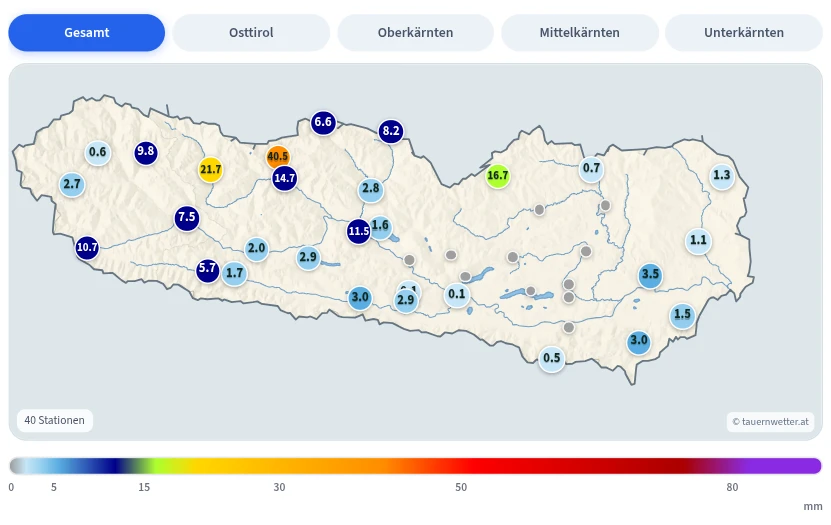 Stationsmesswerte des Niederschlags in Kärnten und Osttirol am 1. August 2026 mit 40,5 Litern in Mallnitz.