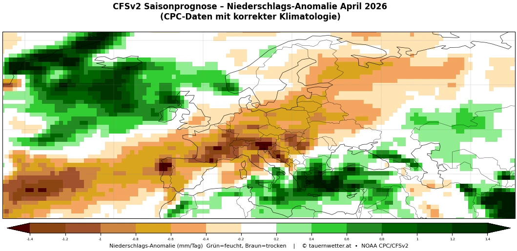 Saisonprognose Niederschlagsanomalie April 2026 für den Alpenraum