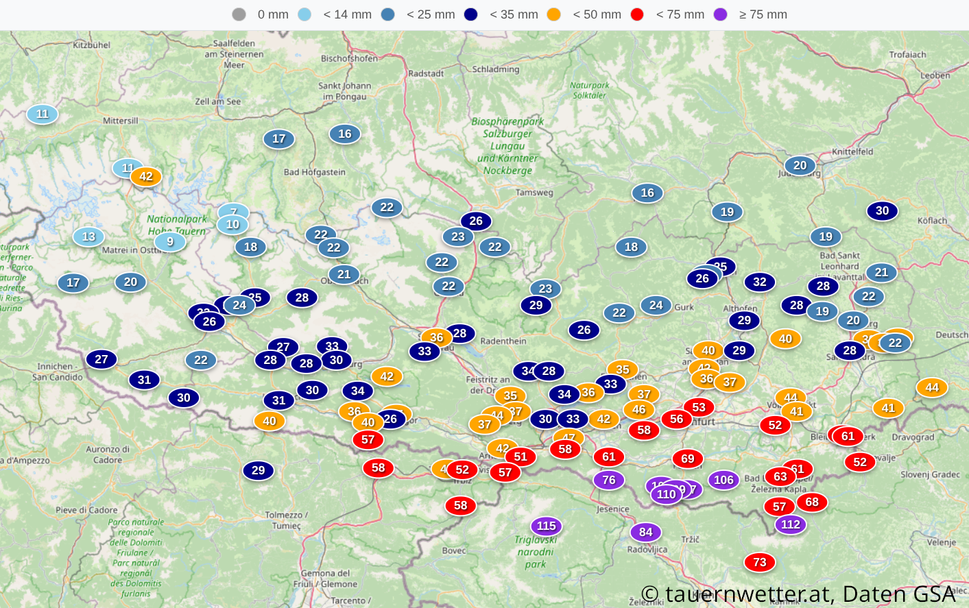 Gemessene Niederschlagssummen vom 17. bis 18. November 2025