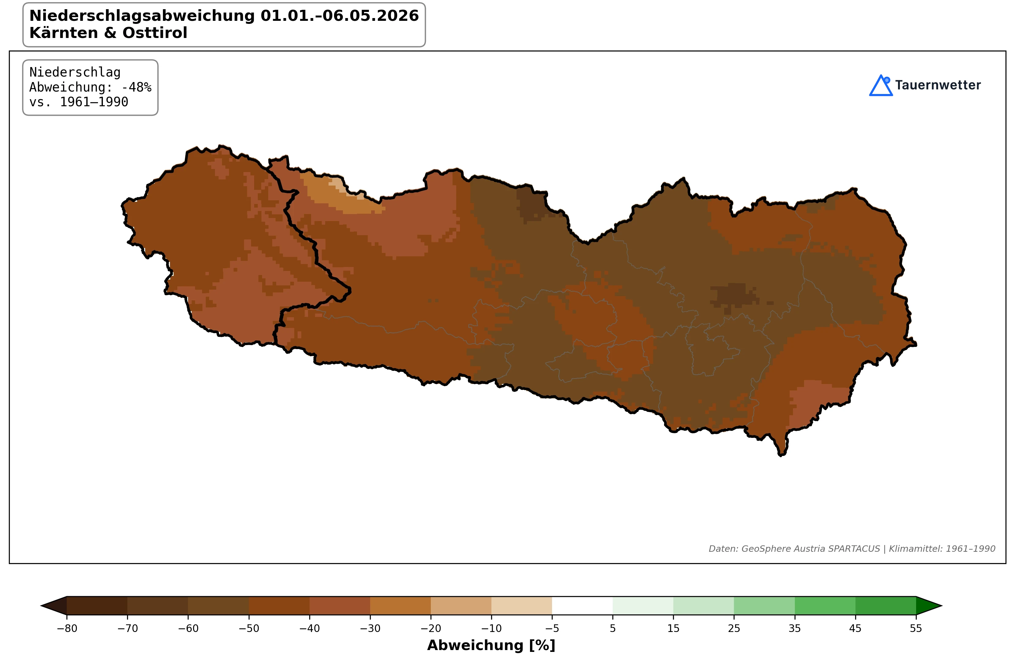 Karte der Niederschlagsabweichung in Kärnten und Osttirol vom 1. Jänner bis 5. Mai 2026 gegenüber dem Klimamittel 1961 bis 1990