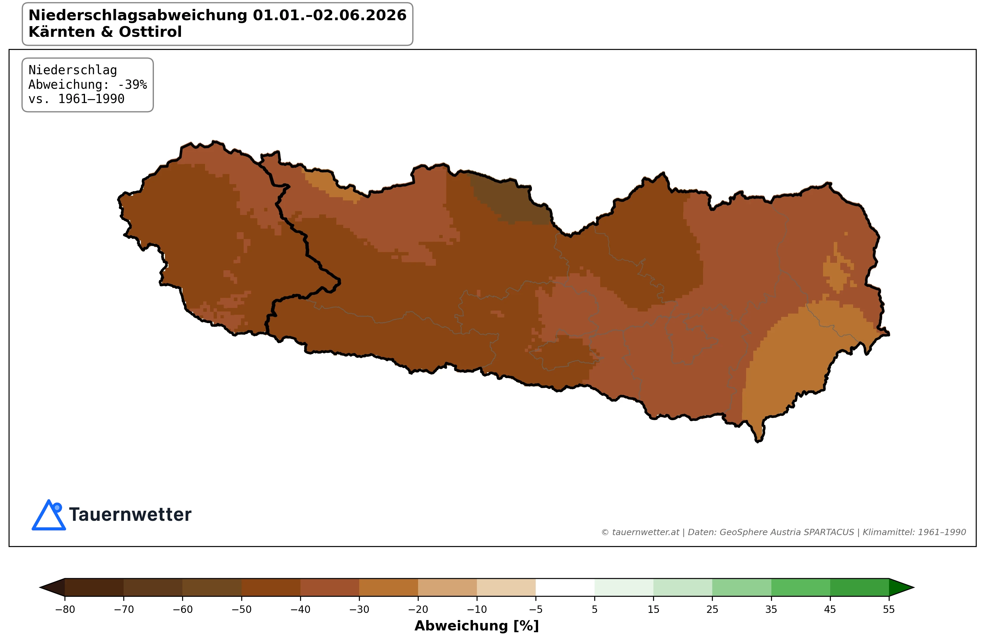 Karte der Niederschlagsabweichung 2026 in Kärnten und Osttirol gegenüber dem Mittel 1961 bis 1990