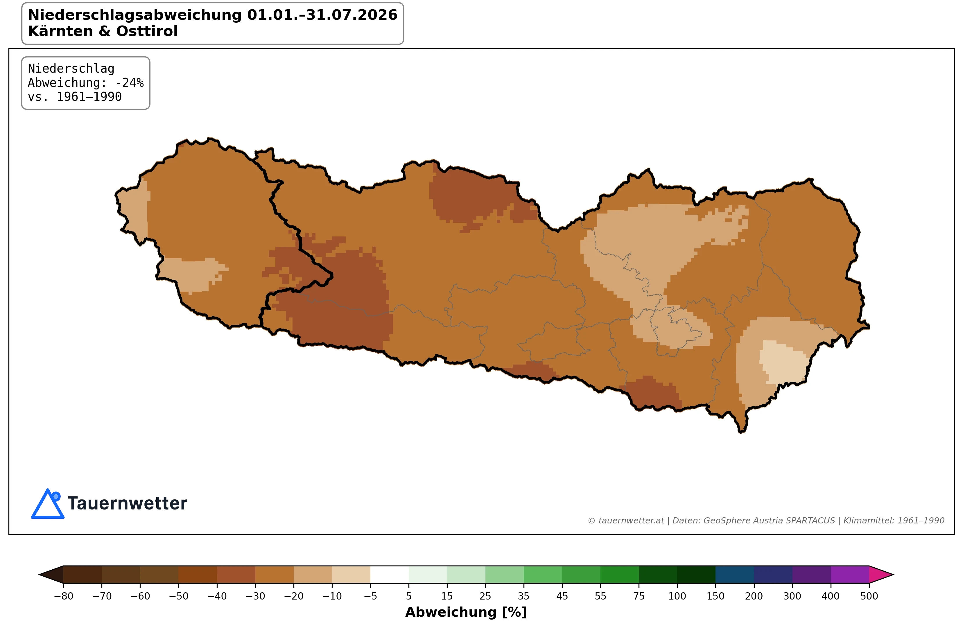 Karte der Niederschlagsabweichung von Jänner bis Juli 2026 in Kärnten und Osttirol gegenüber dem Klimamittel 1961 bis 1990.