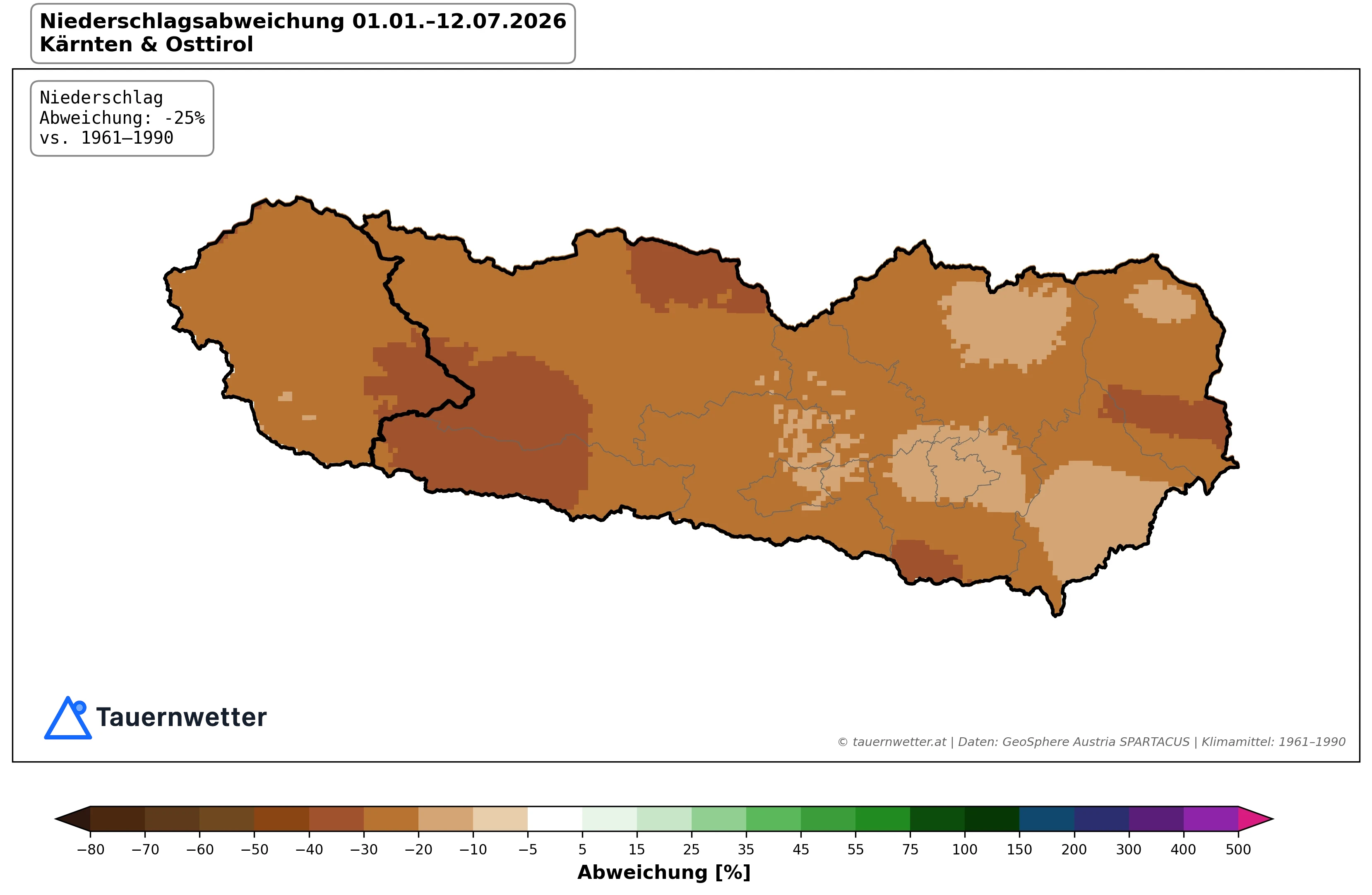 Karte der Niederschlagsabweichung in Kärnten und Osttirol seit Jahresbeginn mit verbreitet 25 Prozent zu wenig Regen.