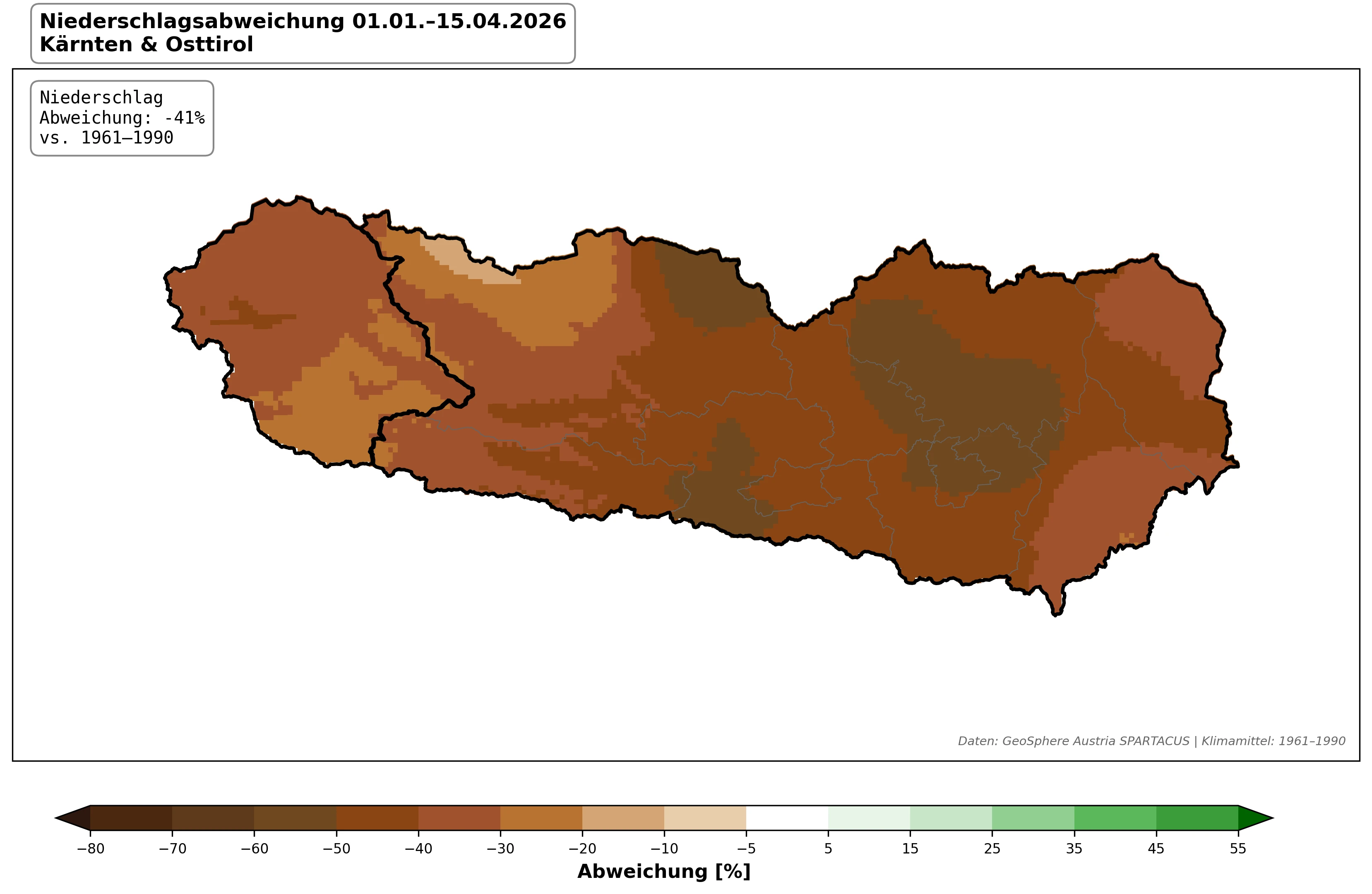 Niederschlagsabweichung Kärnten und Osttirol vom 1. Jänner bis 15. April 2026