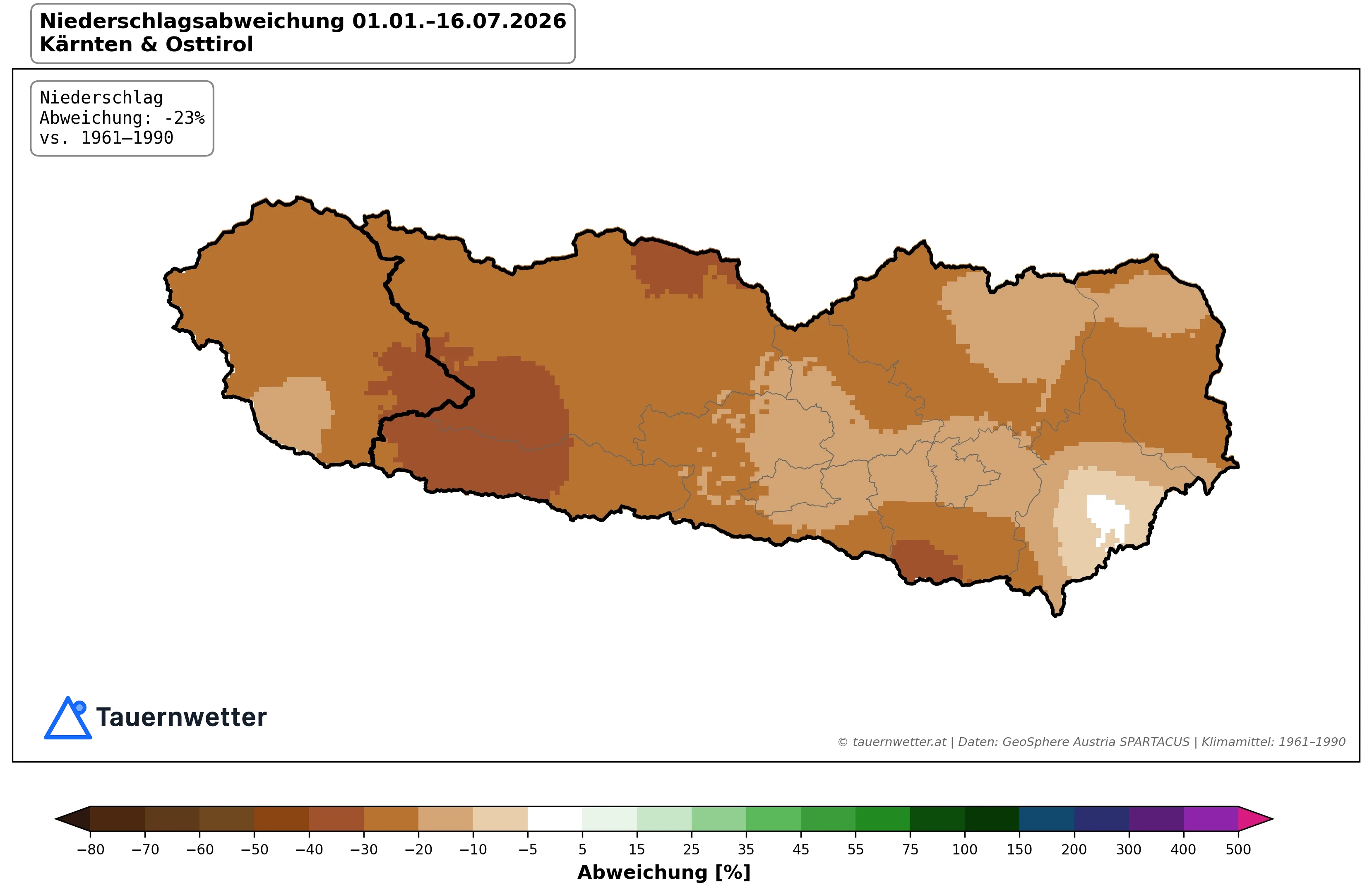 Karte der Niederschlagsabweichung in Kärnten und Osttirol seit Jahresbeginn mit verbreitet zu geringen Regenmengen.