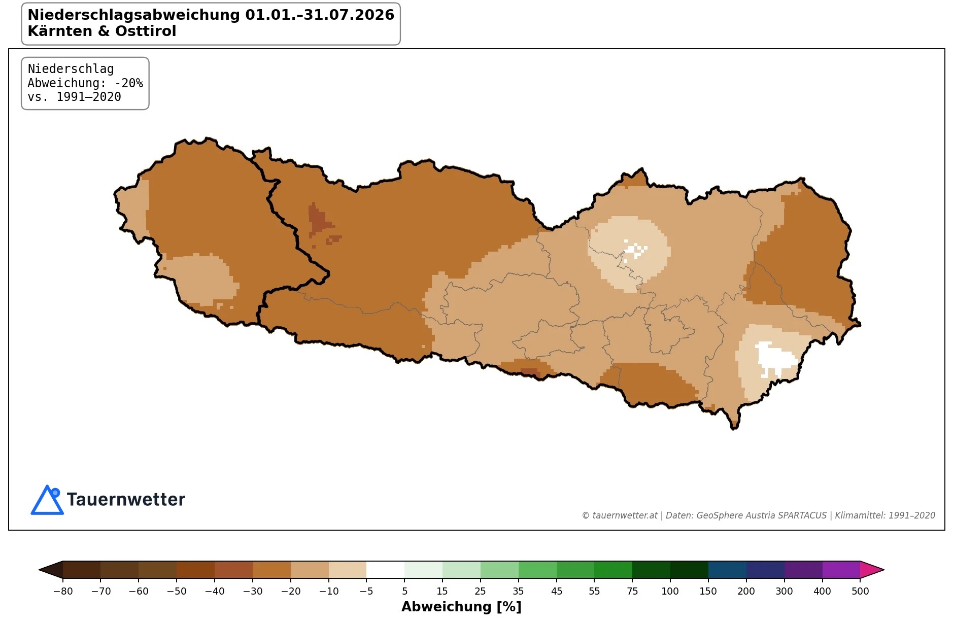 Karte der Niederschlagsabweichung von Jänner bis Juli 2026 in Kärnten und Osttirol gegenüber dem Klimamittel 1991 bis 2020 – fast flächendeckend zu trocken.