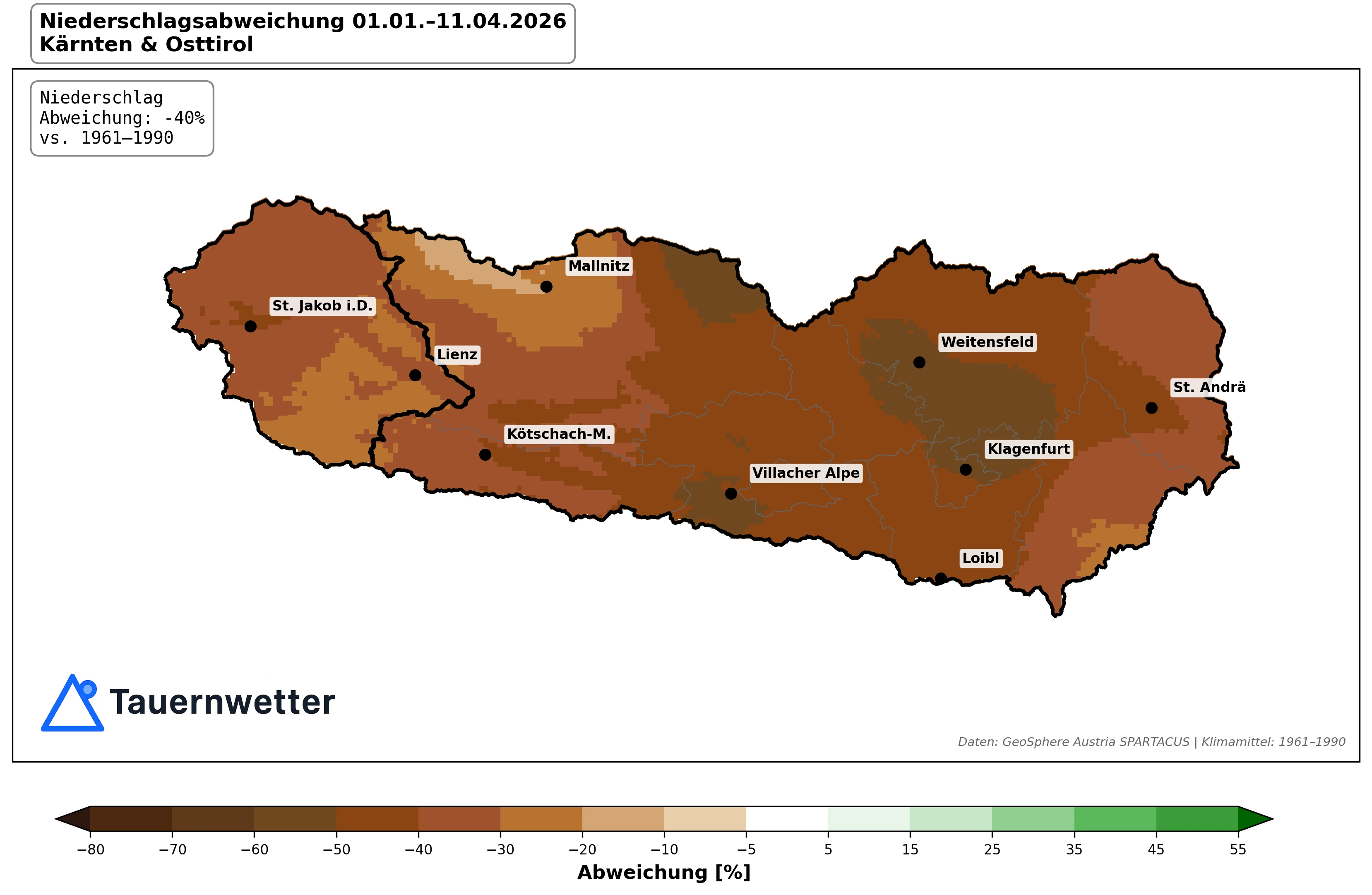 Niederschlagsabweichung in Kärnten und Osttirol vom 1. Jänner bis 11. April 2026