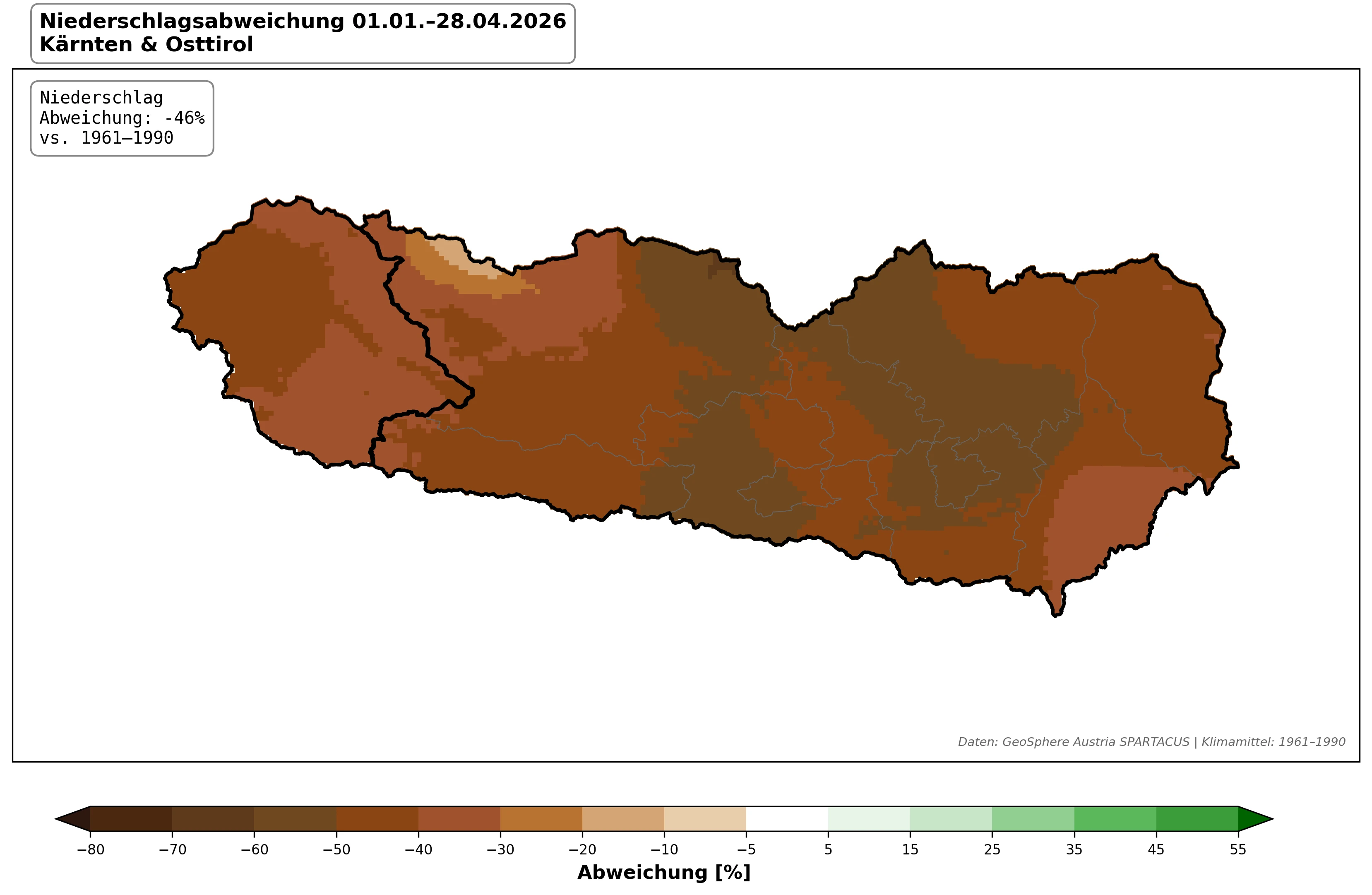 Niederschlagsabweichung Kärnten und Osttirol vom 1. Jänner bis 28. April 2026 mit minus 46 Prozent