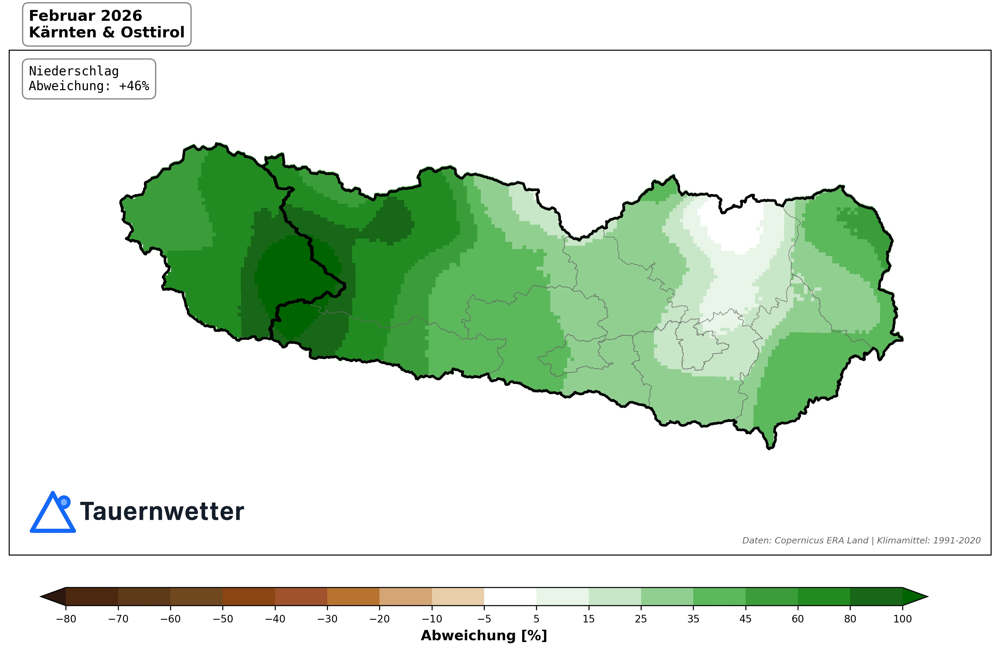 Niederschlagsabweichung Februar 2026 Kärnten und Osttirol – plus 46 Prozent über dem Klimamittel