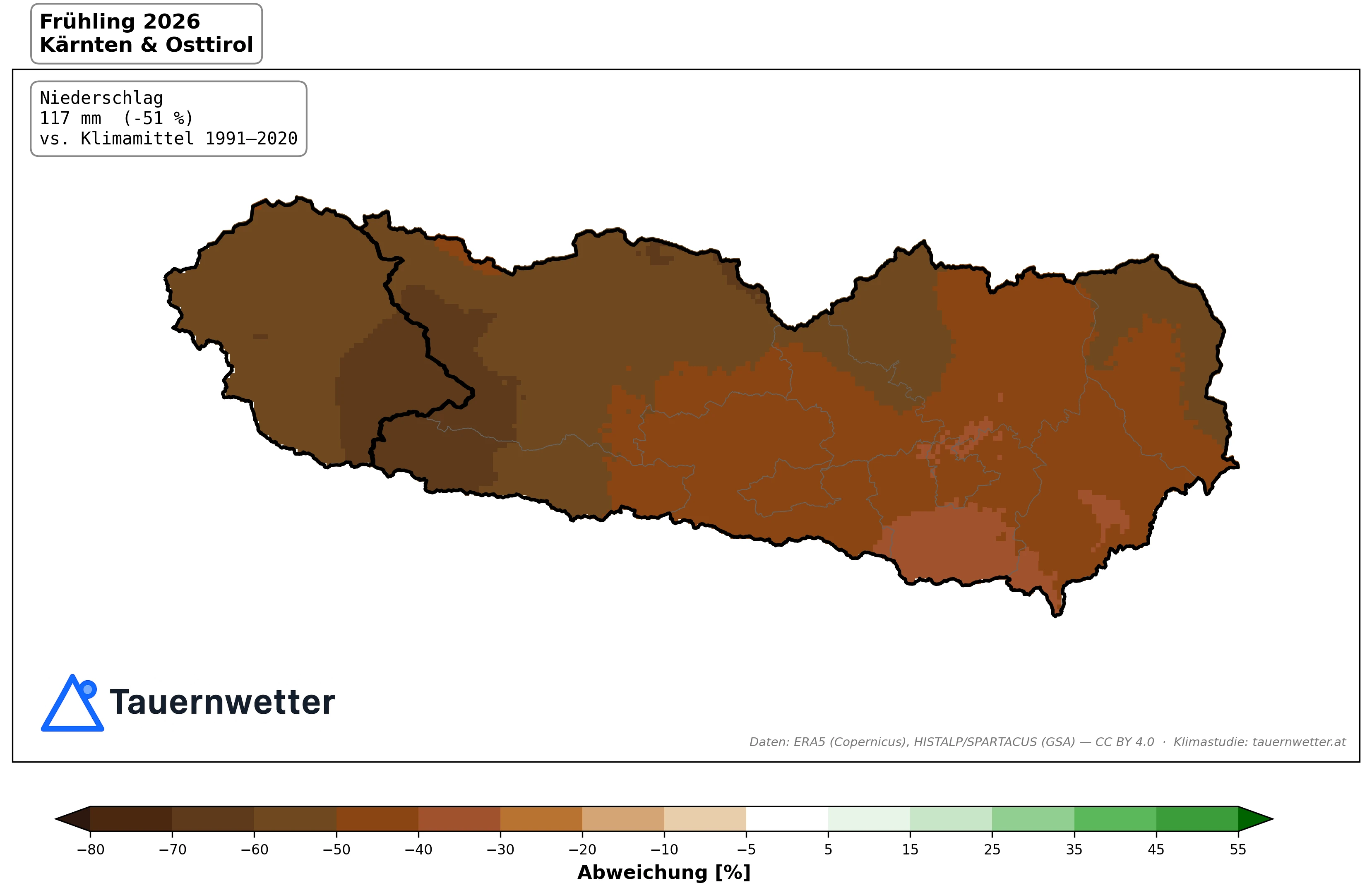 Karte der Niederschlagsabweichung im Frühling 2026 in Kärnten und Osttirol – nahezu flächendeckend braun gefärbt mit Defiziten bis 60 Prozent in Osttirol und Oberkärnten.